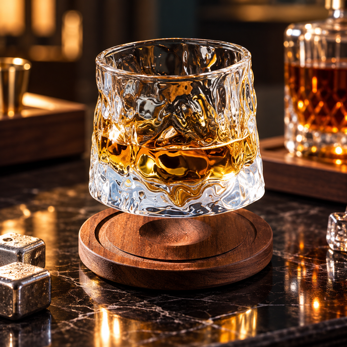 Rotatable Whiskey Glass with Wooden Base